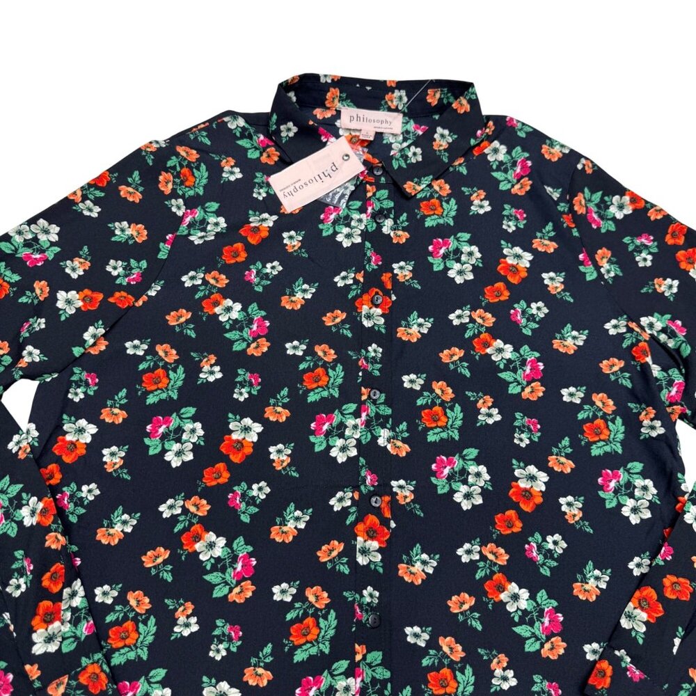 NEW $58 Philosophy Women's Multicolor Floral Print Button-Up LS Shirt, Size L - Picture 3 of 9